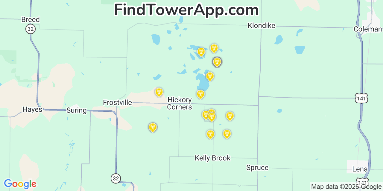 Map showing the 20 primary cell tower locations detected in Oconto, Wisconsin from AT&T, Verizon, and T-Mobile networks