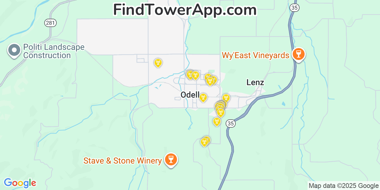 Map showing the 20 primary cell tower locations detected in Odell, Oregon from AT&T, Verizon, and T-Mobile networks