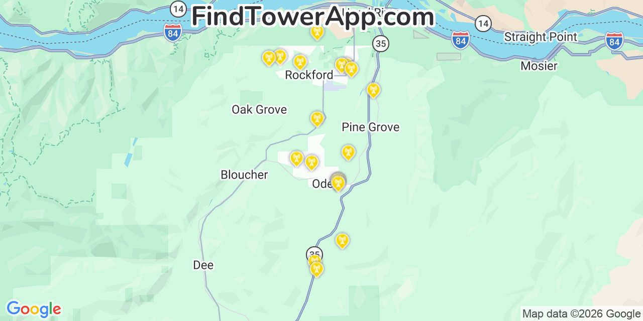 Map showing the 20 primary cell tower locations detected in Odell, Oregon from AT&T, Verizon, and T-Mobile networks