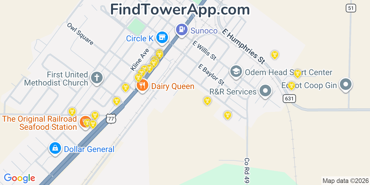 Map showing the 20 primary cell tower locations detected in Odem, Texas from AT&T, Verizon, and T-Mobile networks