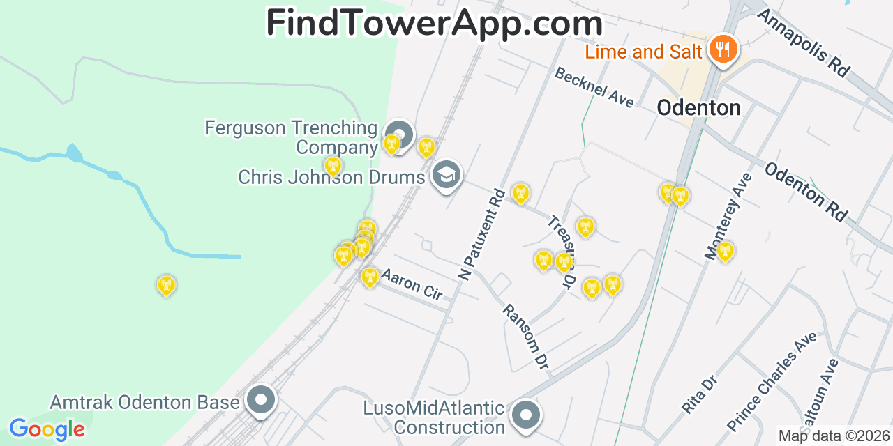 Map showing the 20 primary cell tower locations detected in Odenton, Maryland from AT&T, Verizon, and T-Mobile networks