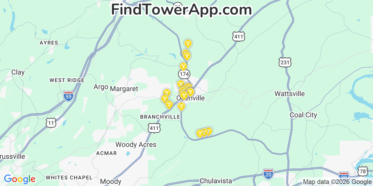 Map showing the 20 primary cell tower locations detected in Odenville, Alabama from AT&T, Verizon, and T-Mobile networks