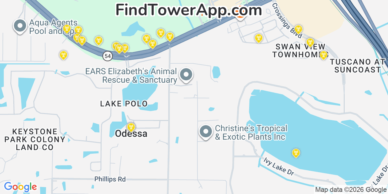 Map showing the 20 primary cell tower locations detected in Odessa, Florida from AT&T, Verizon, and T-Mobile networks