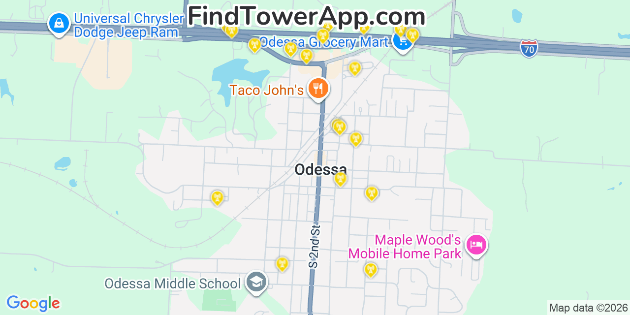 Map showing the 20 primary cell tower locations detected in Odessa, Missouri from AT&T, Verizon, and T-Mobile networks