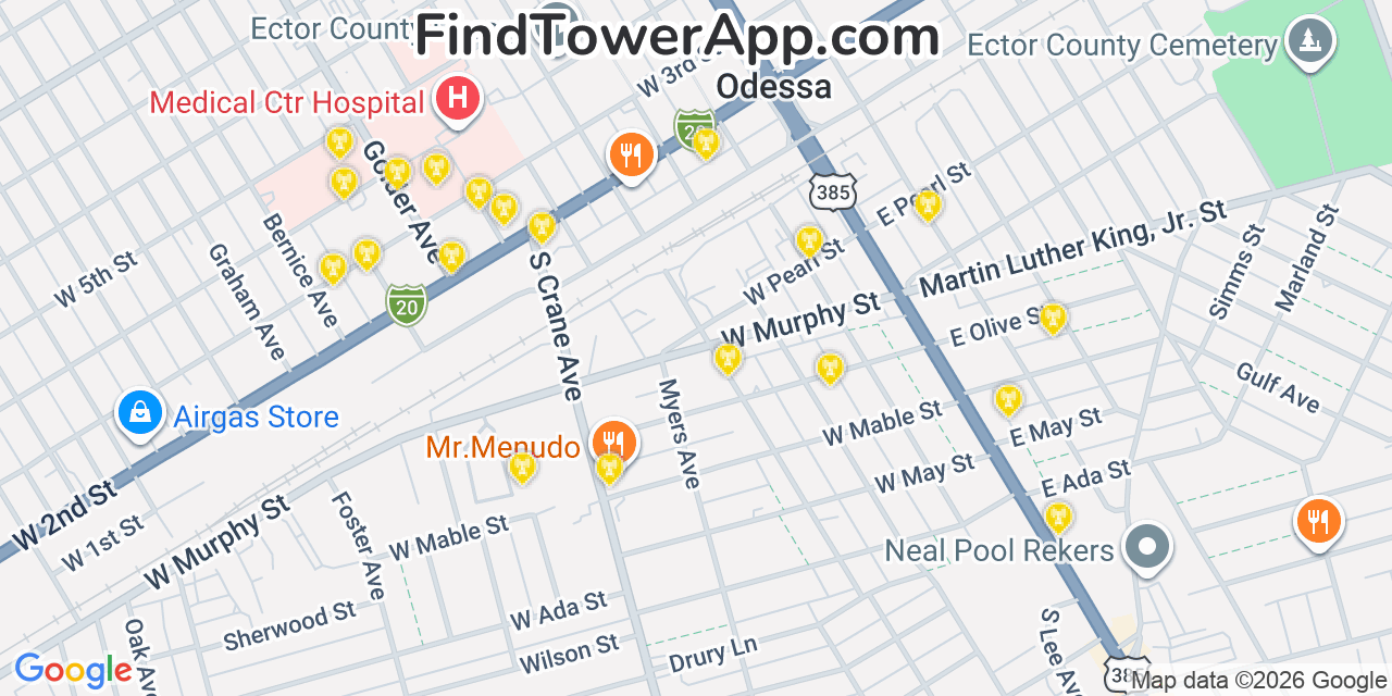 Map showing the 20 primary cell tower locations detected in Odessa, Texas from AT&T, Verizon, and T-Mobile networks