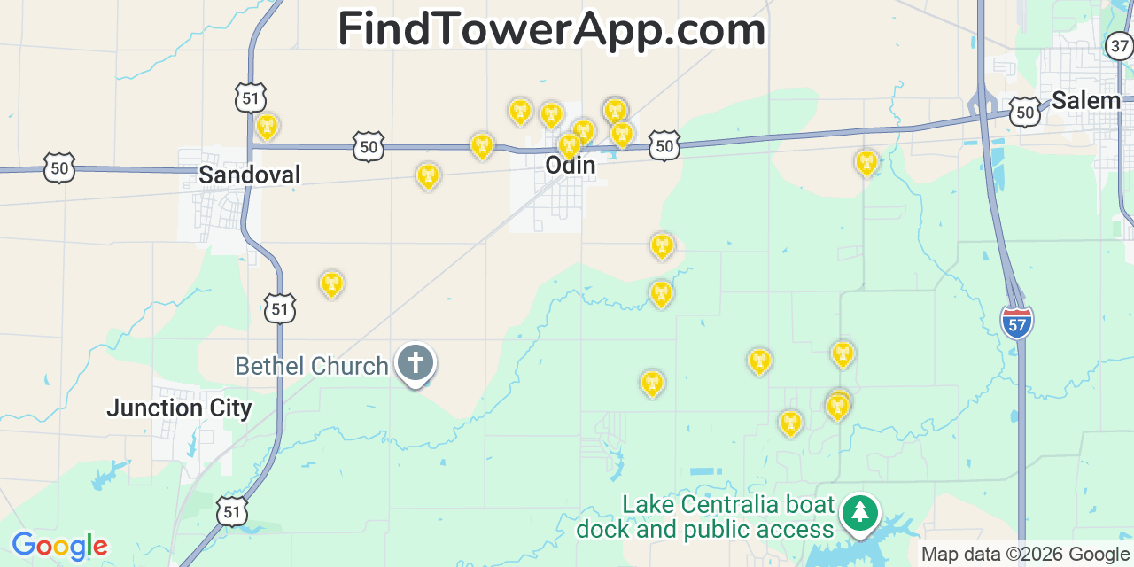 Map showing the 20 primary cell tower locations detected in Odin, Illinois from AT&T, Verizon, and T-Mobile networks
