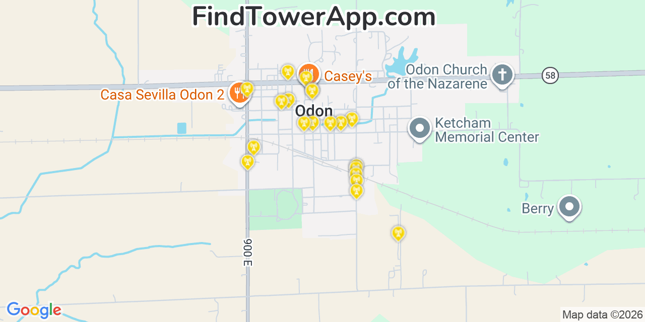 Map showing the 20 primary cell tower locations detected in Odon, Indiana from AT&T, Verizon, and T-Mobile networks