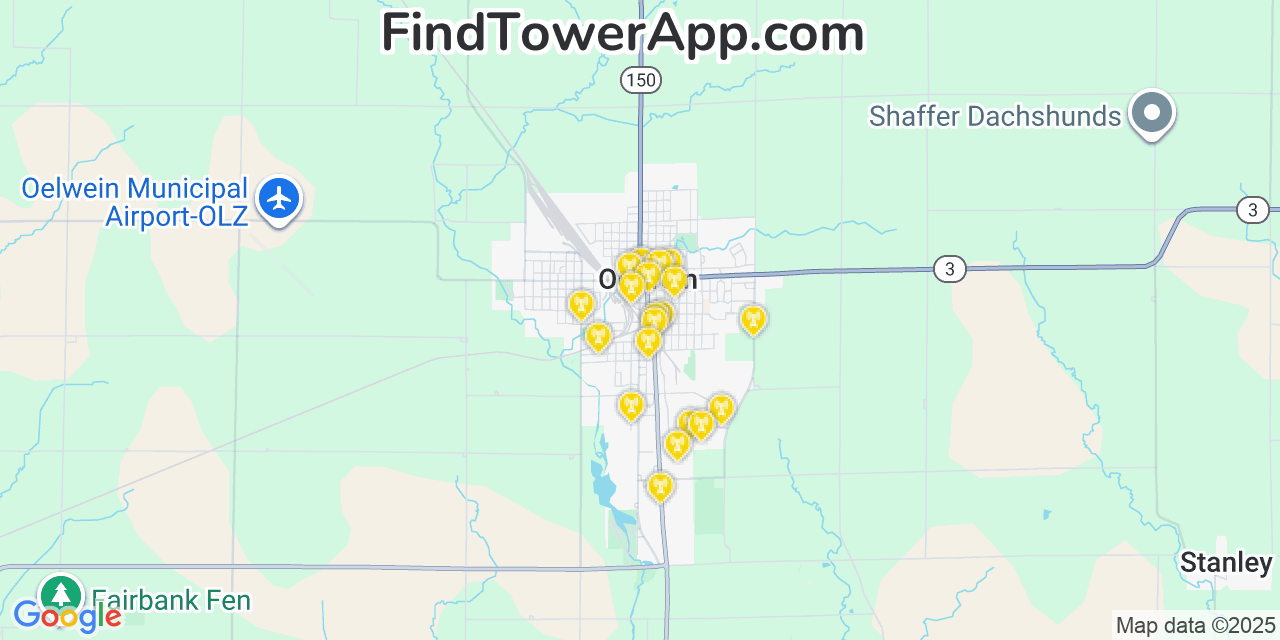 Map showing the 20 primary cell tower locations detected in Oelwein, Iowa from AT&T, Verizon, and T-Mobile networks