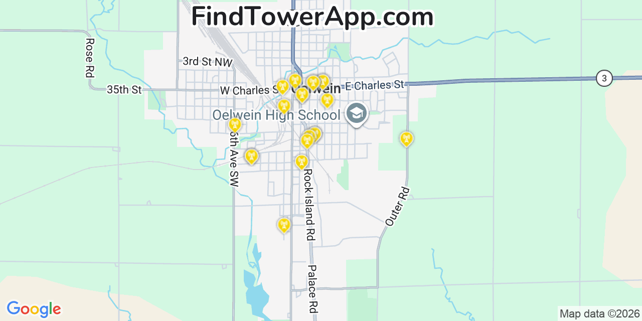 Map showing the 20 primary cell tower locations detected in Oelwein, Iowa from AT&T, Verizon, and T-Mobile networks