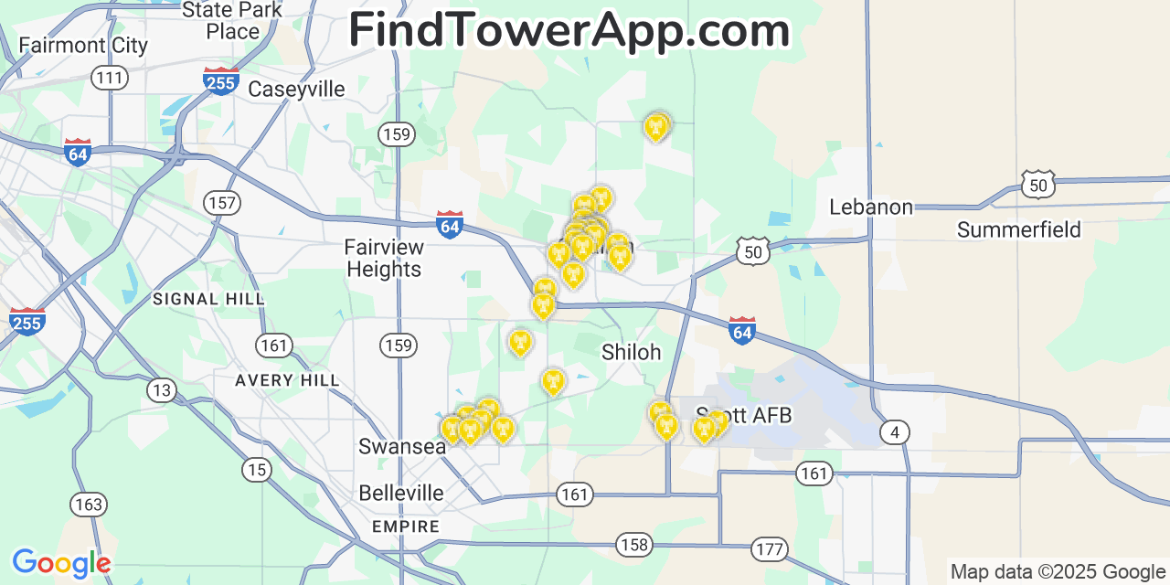 Map showing the 27 primary AT&T cell tower locations detected in Ofallon, Illinois with coverage radius and signal strength indicators