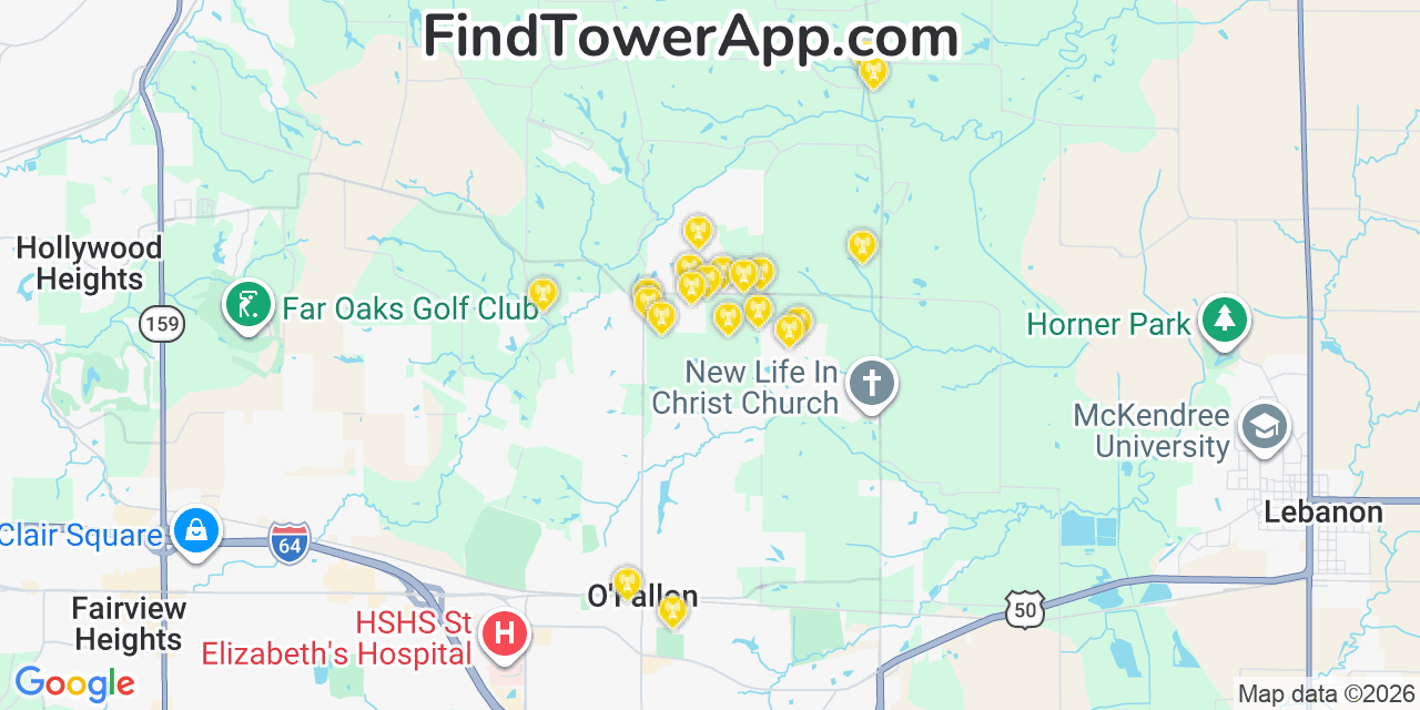 Map showing the 20 primary cell tower locations detected in Ofallon, Illinois from AT&T, Verizon, and T-Mobile networks