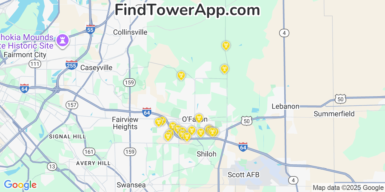 Map showing the 20 primary T-Mobile cell tower locations detected in Ofallon, Illinois with coverage radius and signal strength indicators