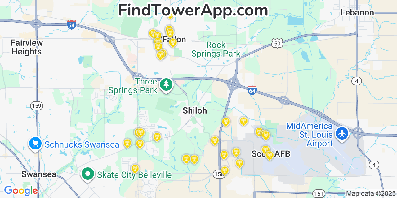 Map showing the 24 primary Verizon cell tower locations detected in Ofallon, Illinois with coverage radius and signal strength indicators