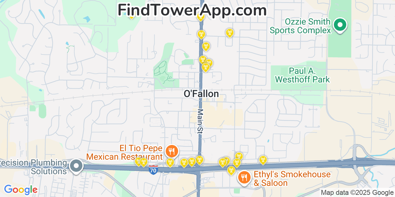 Map showing the 20 primary AT&T cell tower locations detected in Ofallon, Missouri with coverage radius and signal strength indicators