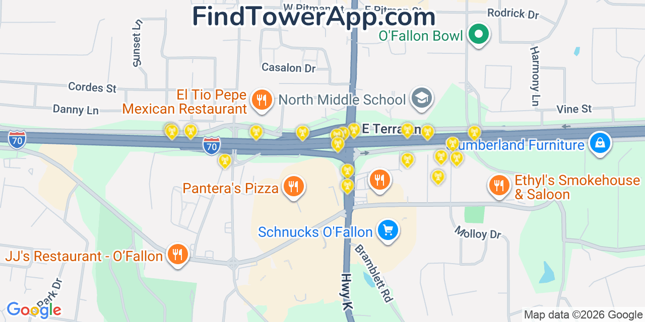 Map showing the 20 primary cell tower locations detected in Ofallon, Missouri from AT&T, Verizon, and T-Mobile networks