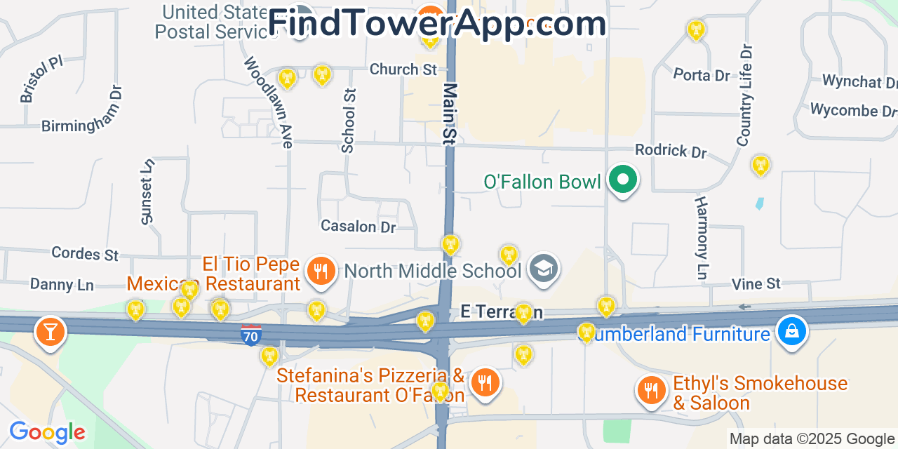 Map showing the 20 primary T-Mobile cell tower locations detected in Ofallon, Missouri with coverage radius and signal strength indicators