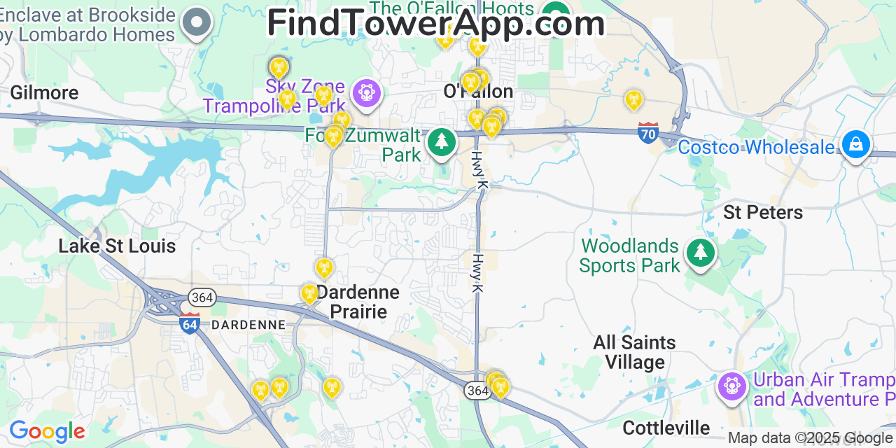 Map showing the 31 primary Verizon cell tower locations detected in Ofallon, Missouri with coverage radius and signal strength indicators