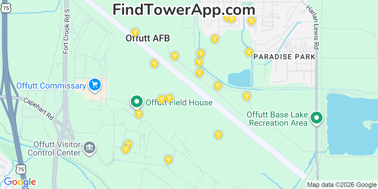Map showing the 20 primary cell tower locations detected in Offutt Air Force Base, Nebraska from AT&T, Verizon, and T-Mobile networks