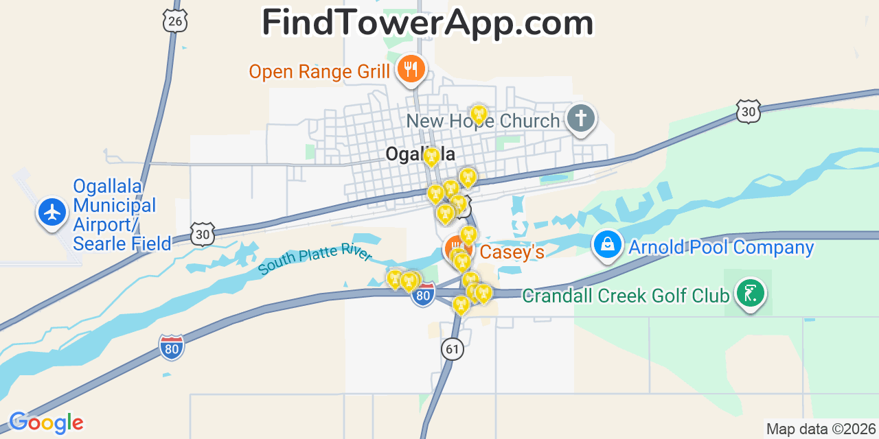 Map showing the 20 primary cell tower locations detected in Ogallala, Nebraska from AT&T, Verizon, and T-Mobile networks