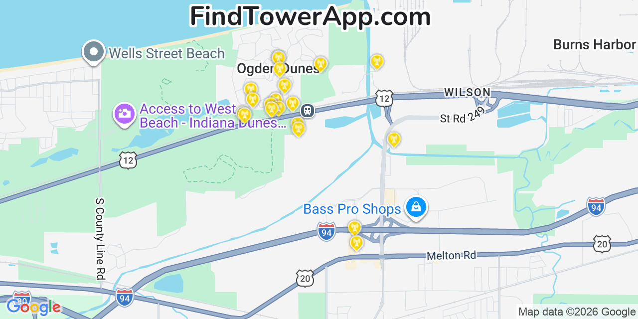 Map showing the 20 primary cell tower locations detected in Ogden Dunes, Indiana from AT&T, Verizon, and T-Mobile networks