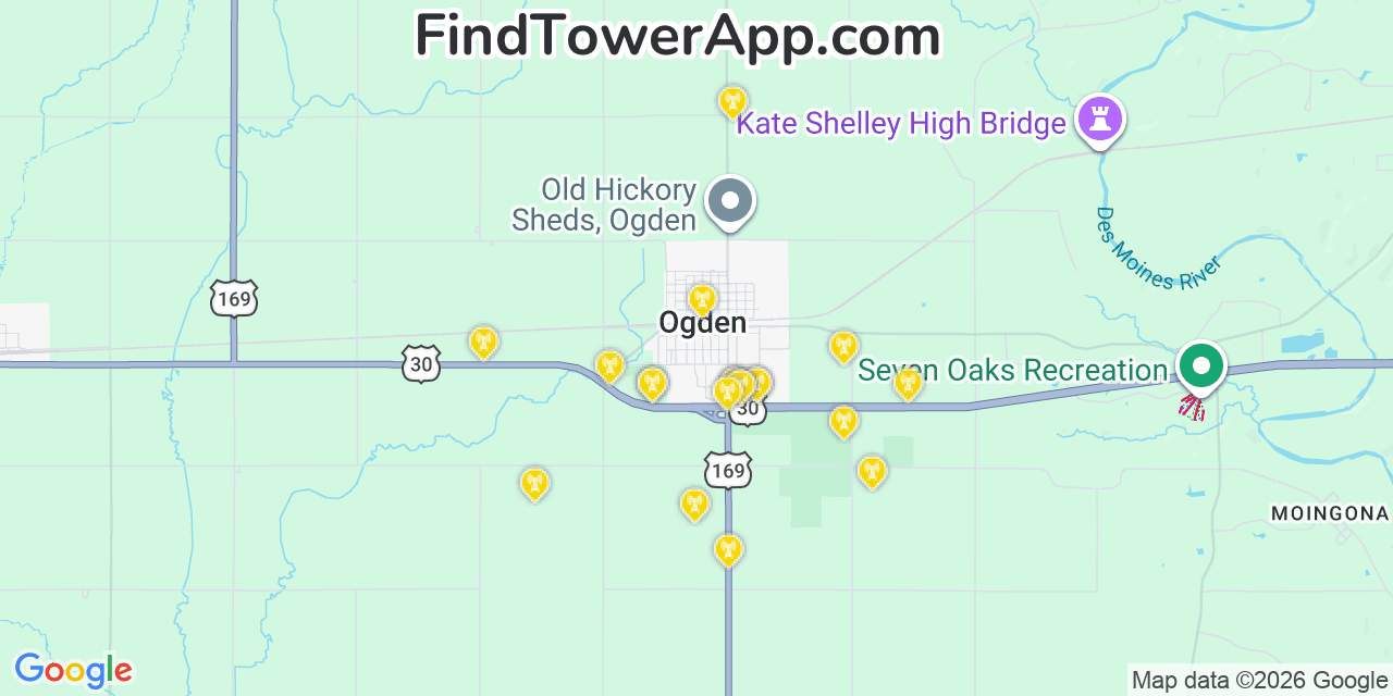 Map showing the 20 primary cell tower locations detected in Ogden, Iowa from AT&T, Verizon, and T-Mobile networks