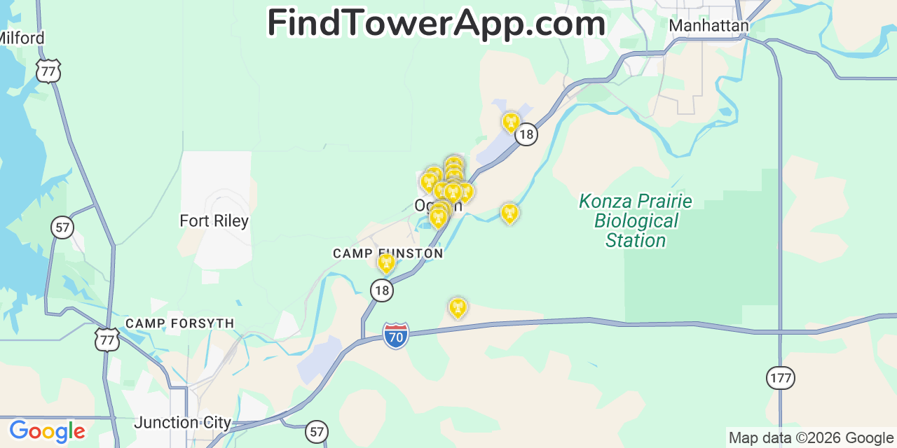 Map showing the 20 primary cell tower locations detected in Ogden, Kansas from AT&T, Verizon, and T-Mobile networks