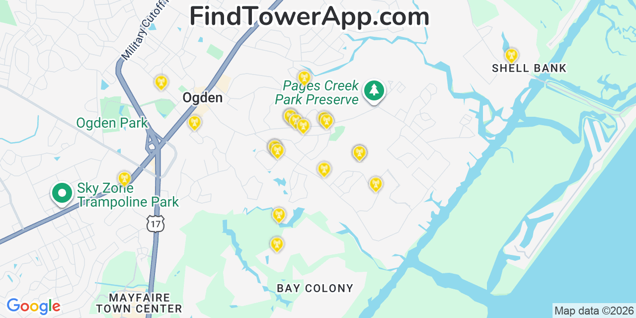 Map showing the 20 primary cell tower locations detected in Ogden, North Carolina from AT&T, Verizon, and T-Mobile networks
