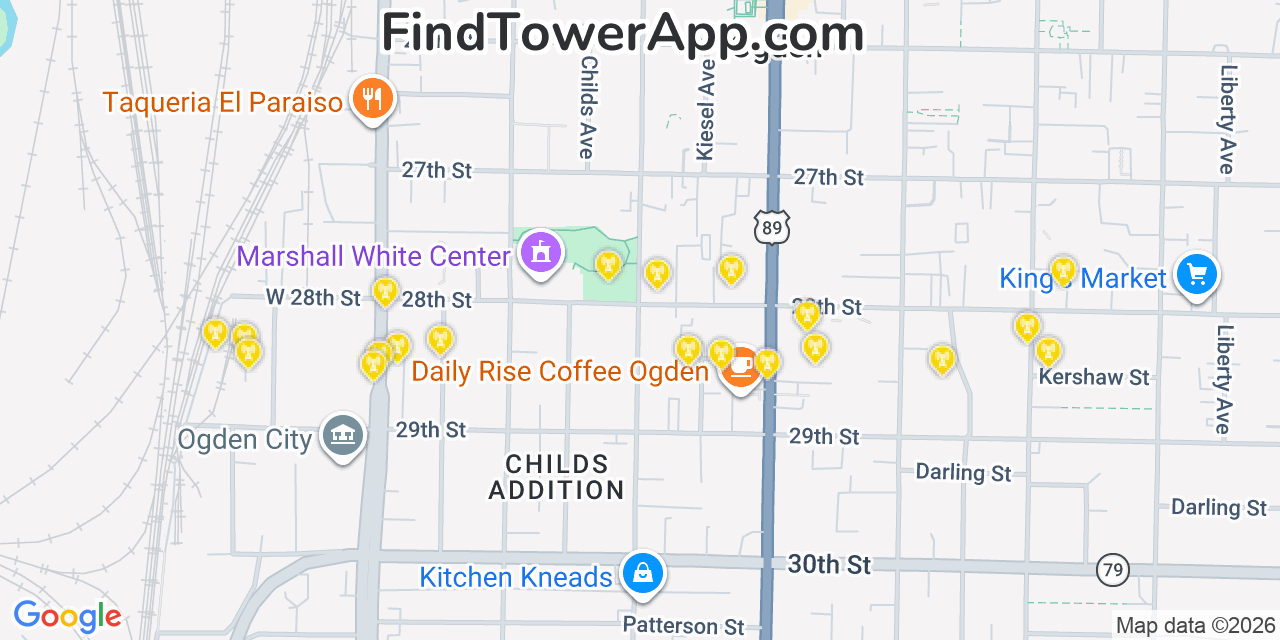 Map showing the 20 primary cell tower locations detected in Ogden, Utah from AT&T, Verizon, and T-Mobile networks