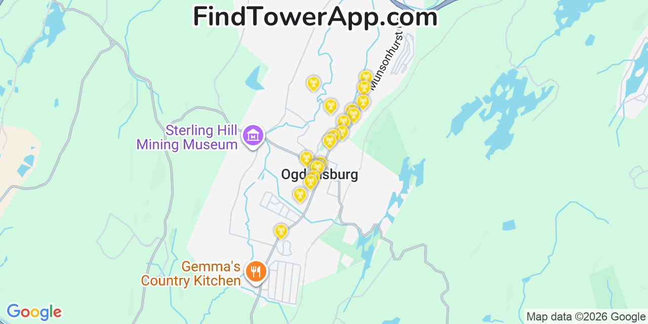 Map showing the 20 primary cell tower locations detected in Ogdensburg, New Jersey from AT&T, Verizon, and T-Mobile networks
