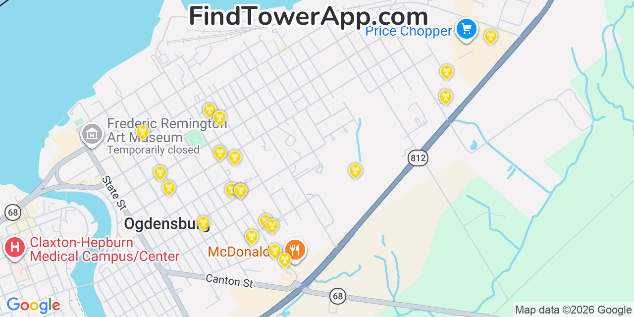 Map showing the 20 primary cell tower locations detected in Ogdensburg, New York from AT&T, Verizon, and T-Mobile networks
