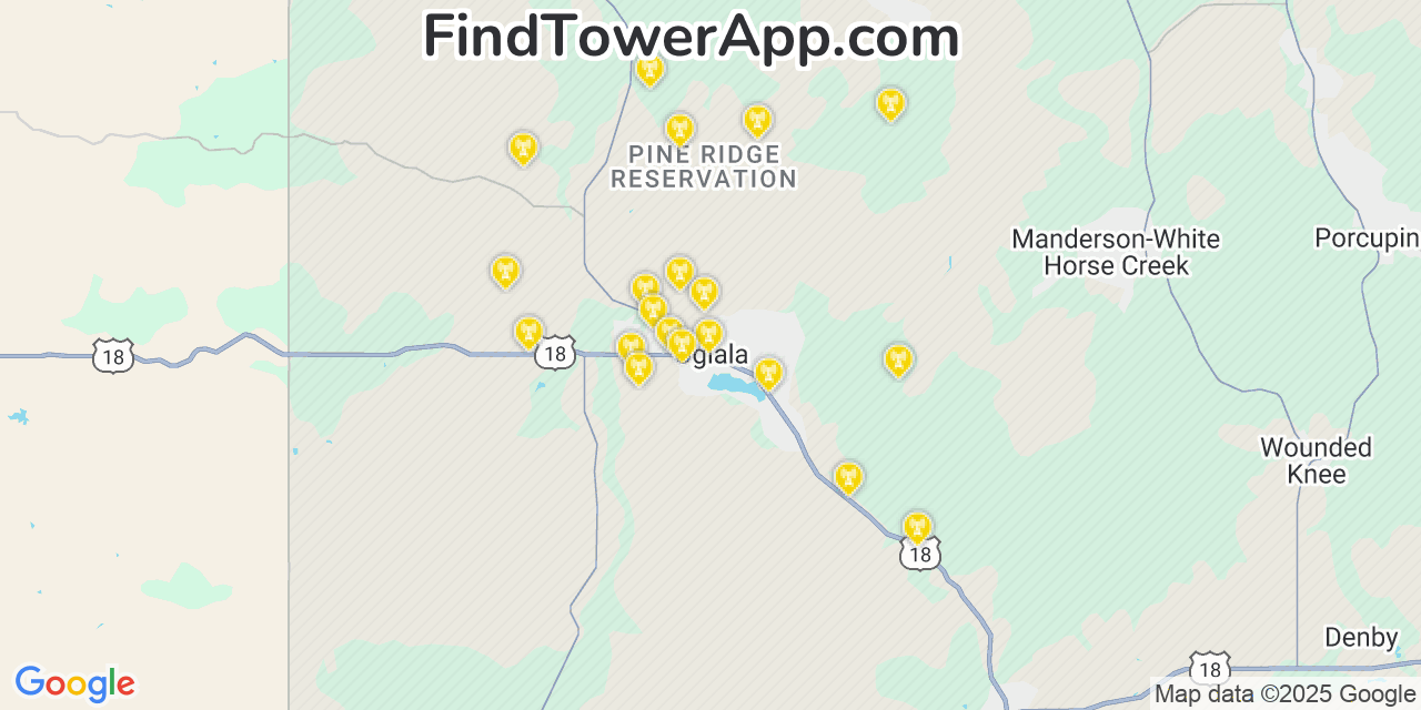 Map showing the 20 primary cell tower locations detected in Oglala, South Dakota from AT&T, Verizon, and T-Mobile networks