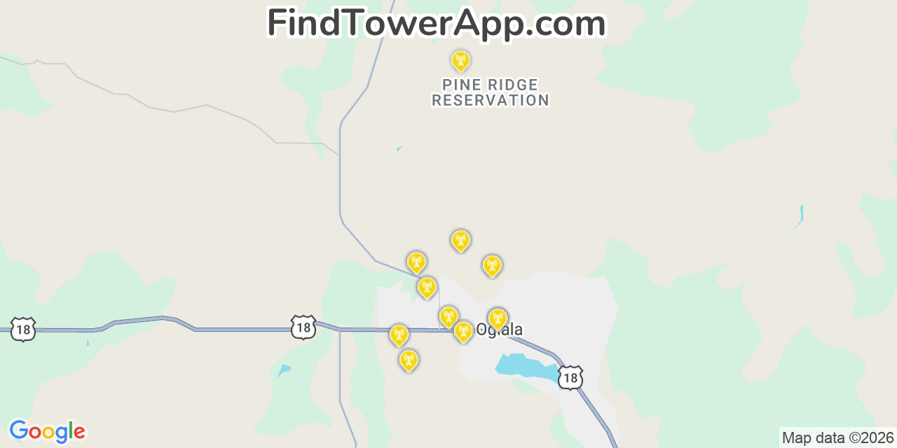 Map showing the 20 primary cell tower locations detected in Oglala, South Dakota from AT&T, Verizon, and T-Mobile networks