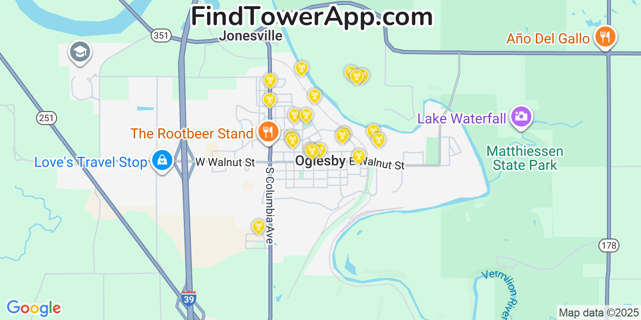 Map showing the 20 primary cell tower locations detected in Oglesby, Illinois from AT&T, Verizon, and T-Mobile networks