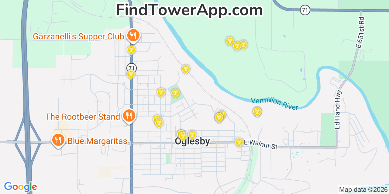 Map showing the 20 primary cell tower locations detected in Oglesby, Illinois from AT&T, Verizon, and T-Mobile networks