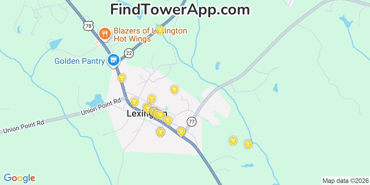 Map showing the 20 primary cell tower locations detected in Oglethorpe, Georgia from AT&T, Verizon, and T-Mobile networks