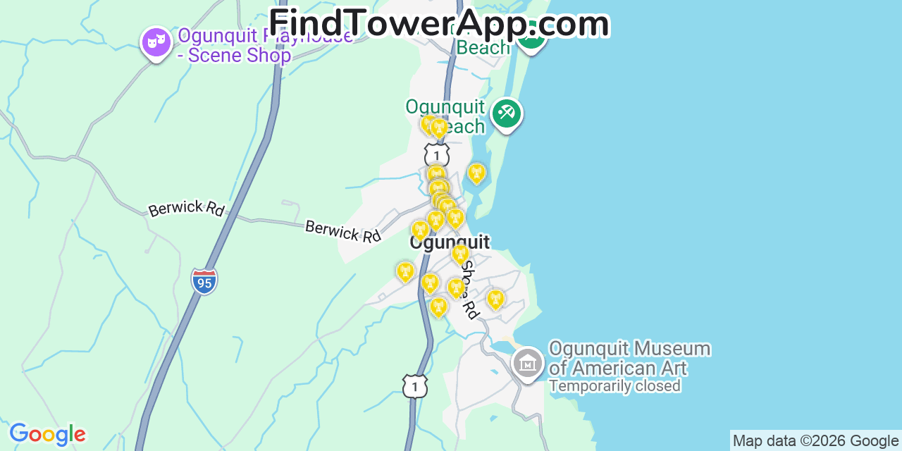 Map showing the 20 primary cell tower locations detected in Ogunquit, Maine from AT&T, Verizon, and T-Mobile networks
