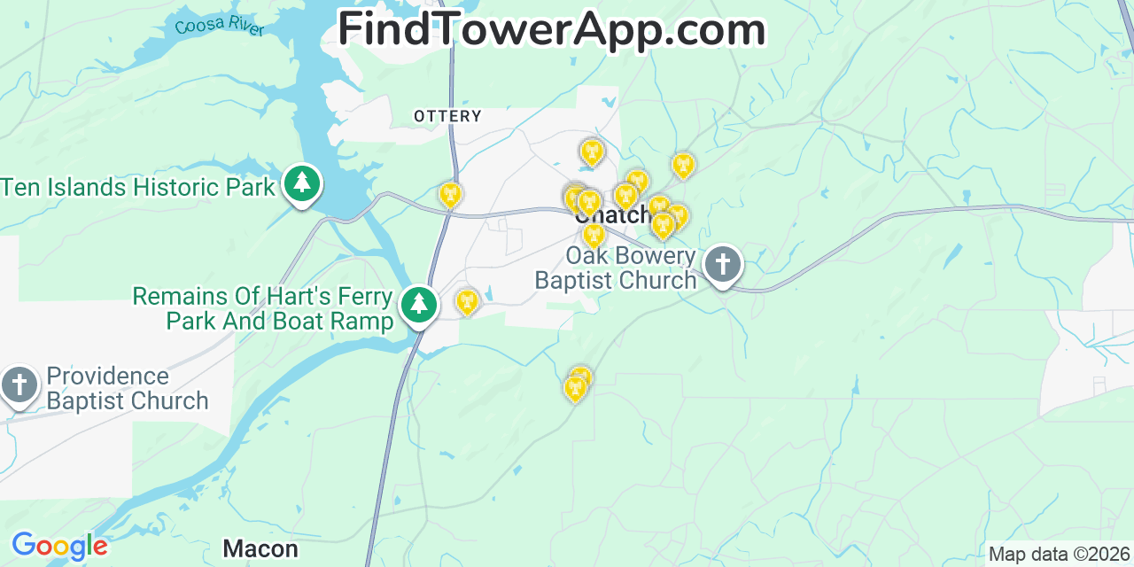 Map showing the 20 primary cell tower locations detected in Ohatchee, Alabama from AT&T, Verizon, and T-Mobile networks