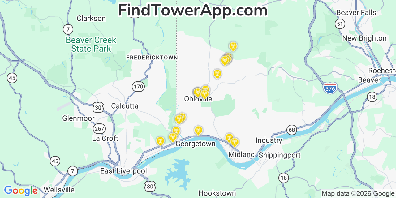 Map showing the 20 primary cell tower locations detected in Ohioville, Pennsylvania from AT&T, Verizon, and T-Mobile networks