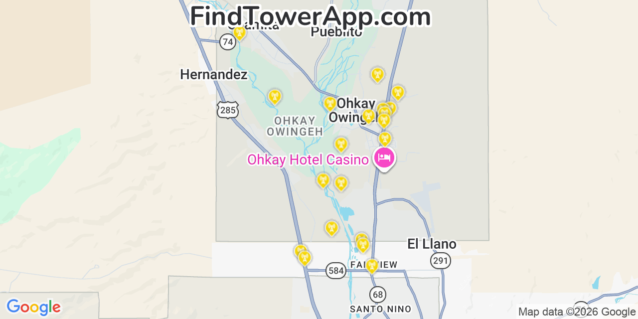 Map showing the 20 primary cell tower locations detected in Ohkay Owingeh, New Mexico from AT&T, Verizon, and T-Mobile networks