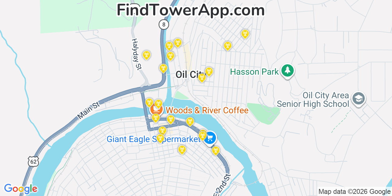 Map showing the 20 primary cell tower locations detected in Oil City, Pennsylvania from AT&T, Verizon, and T-Mobile networks