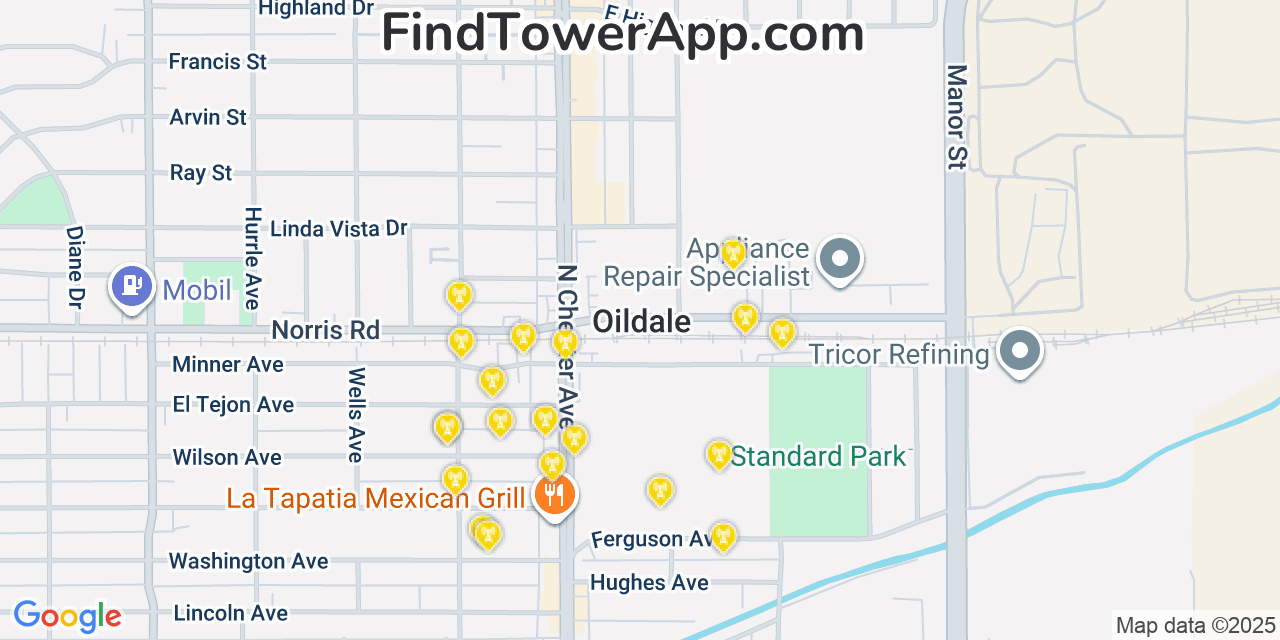 Map showing the 20 primary cell tower locations detected in Oildale, California from AT&T, Verizon, and T-Mobile networks