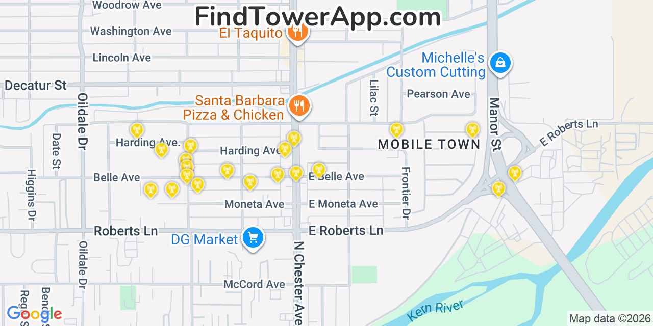 Map showing the 20 primary cell tower locations detected in Oildale, California from AT&T, Verizon, and T-Mobile networks