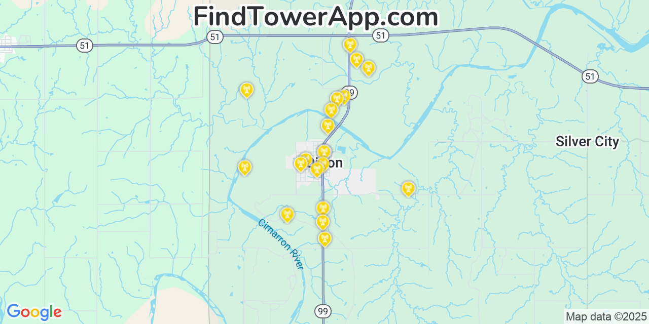 Map showing the 20 primary cell tower locations detected in Oilton, Oklahoma from AT&T, Verizon, and T-Mobile networks