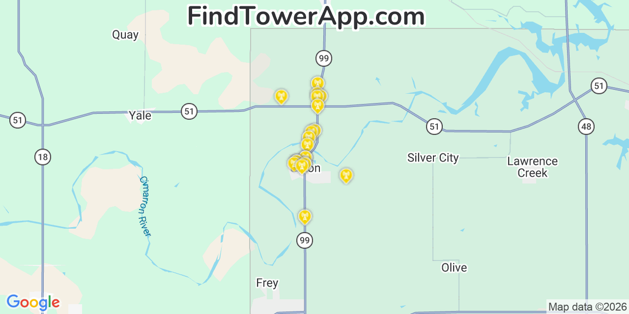 Map showing the 20 primary cell tower locations detected in Oilton, Oklahoma from AT&T, Verizon, and T-Mobile networks