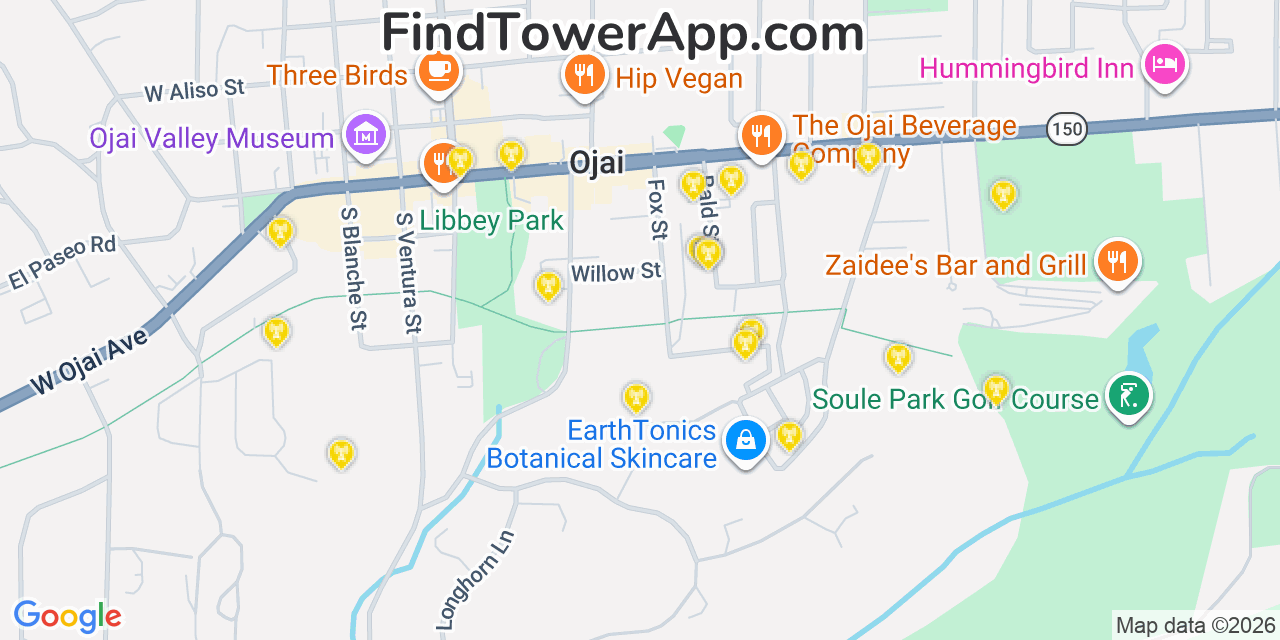 Map showing the 20 primary cell tower locations detected in Ojai, California from AT&T, Verizon, and T-Mobile networks