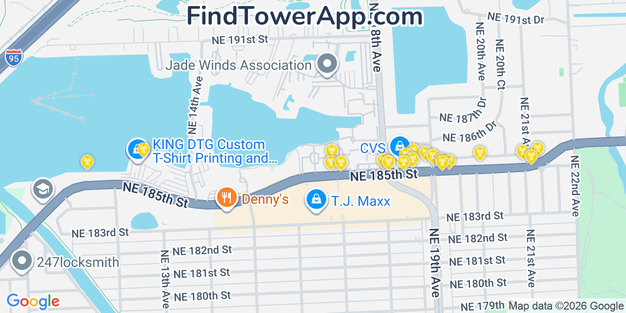 Map showing the 20 primary cell tower locations detected in Ojus, Florida from AT&T, Verizon, and T-Mobile networks