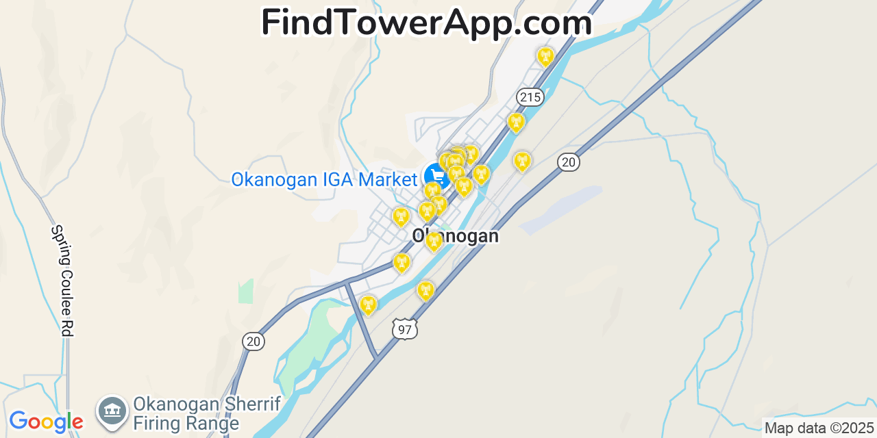 Map showing the 20 primary cell tower locations detected in Okanogan, Washington from AT&T, Verizon, and T-Mobile networks