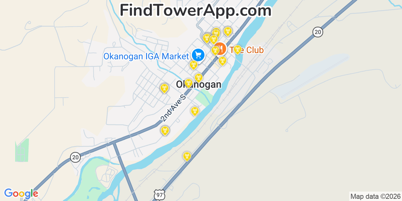 Map showing the 20 primary cell tower locations detected in Okanogan, Washington from AT&T, Verizon, and T-Mobile networks
