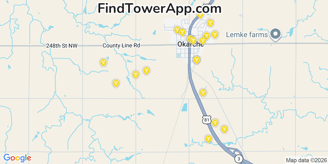 Map showing the 20 primary cell tower locations detected in Okarche, Oklahoma from AT&T, Verizon, and T-Mobile networks