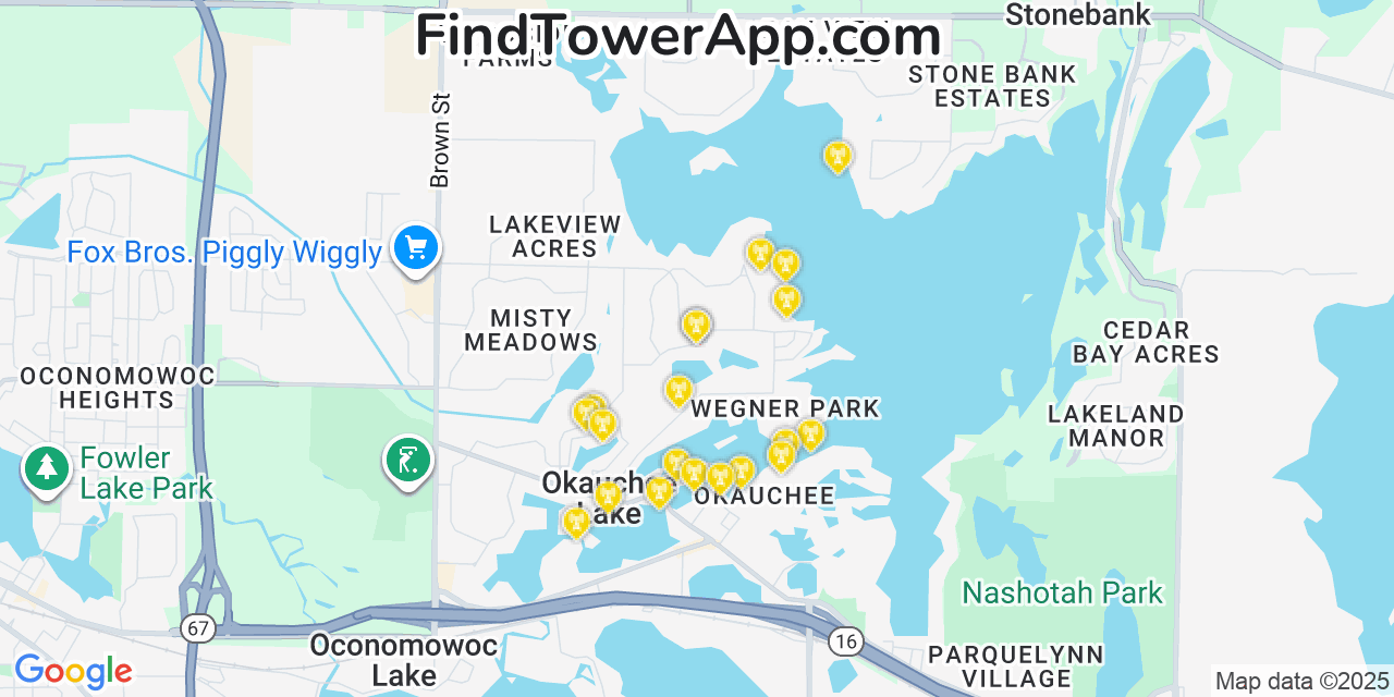 Map showing the 20 primary cell tower locations detected in Okauchee Lake, Wisconsin from AT&T, Verizon, and T-Mobile networks